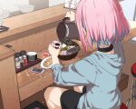  1girl blue_hair bowl cellphone choker commentary condiment cracked_phone cup dumpling failure food hard-boiled_egg highres hood hoodie idolmaster idolmaster_cinderella_girls jiaozi multicolored_hair noodles phone pink_hair plate pouring ramen short_hair shorts sitting smartphone spill stool table teapot translated tray two-tone_hair water yukie_(kusaka_shi) yumemi_riamu 