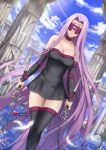  1girl bangs bare_shoulders black_dress black_legwear blindfold blue_sky breasts chain cleavage collar detached_sleeves dress facial_mark fate/stay_night fate_(series) feathers forehead forehead_mark highres large_breasts long_hair medusa_(fate) medusa_(rider)_(fate) nameless_dagger_(fate) parted_bangs pillar purple_hair ryuuneart short_dress sidelocks sky solo thighhighs thighs very_long_hair weapon 