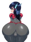  1girl absurdres ass asta_rindo bent_over black_eyes black_hair bodysuit from_behind grey_bodysuit highres long_hair looking_at_viewer looking_back original rariatto_(ganguri) robot_ears simple_background solo white_background 
