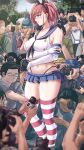  1girl 6+boys atlanta_(kancolle) bangs bare_shoulders blush breasts cleavage collarbone commentary_request cosplay crowded eyebrows_visible_through_hair hair_between_eyes highres kantai_collection kuroame_(kurinohana) midriff multiple_boys navel open_mouth outdoors shimakaze_(kancolle) shimakaze_(kancolle)_(cosplay) sidelocks solo_focus standing taking_picture 