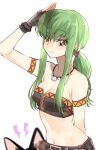  1girl alternate_hairstyle arm_up black_gloves breasts c.c. cleavage code_geass collarbone cosplay creayus felyne fingerless_gloves gloves green_eyes green_hair jewelry long_hair looking_at_viewer low_ponytail medium_breasts midriff monster_hunter_(series) monster_hunter_rise navel necklace shell_necklace sidelocks simple_background smile solo upper_body white_background 