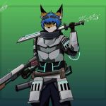  anthro armor blue_hair canid canine culpeo_fox esmerald_eyes gun hair lycalopex machete male mammal melee_weapon ranged_weapon shotgun weapon wise_(character) 