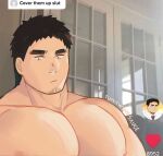  1boy alternate_pectoral_size bara black_hair cover_them_up_slut_(meme) facial_hair goatee large_pectorals looking_at_viewer male_focus mature_male meme muscular muscular_male nipples nude pectoral_focus pectorals short_hair sideburns solo takeda_harumi_(shiromanta) thick_eyebrows tiktok tuna-jy upper_body 