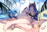  1girl arknights bangs bare_arms bare_legs bare_shoulders barefoot beach_towel bikini black_bikini blue_hair blue_sky boat breasts ch&#039;en_(arknights) ch&#039;en_the_holungday_(arknights) chinese_commentary cloud commentary_request conch day dragon_horns dragon_tail eyewear_on_head flower front-tie_bikini front-tie_top hair_between_eyes hair_flower hair_ornament highres horns innertube large_breasts long_hair looking_at_viewer outdoors red_eyes red_flower si_san_jiu_jiu_(zephov) sky solo stomach sunglasses swimsuit tail thighs towel watercraft 