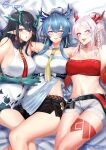  3girls :d :o arknights bandeau bangs bare_shoulders bed_sheet belt black_belt black_hair blue_eyes blue_hair breasts cleavage collarbone commentary_request detached_collar dress dusk_(arknights) eyebrows_visible_through_hair hair_between_eyes highres horns large_breasts ling_(arknights) long_hair looking_at_viewer lying midriff multicolored_hair multiple_girls navel necktie nian_(arknights) on_back open_mouth parted_lips purple_eyes red_eyes red_hair red_necktie shirt short_shorts shorts siblings silver_hair sisters sleeveless sleeveless_dress smile snowyoooooo stomach strapless strapless_shirt streaked_hair thighs tongue tongue_out tube_top white_dress white_shirt white_shorts yellow_necktie 