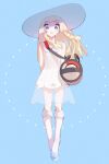  1girl aoi_(altea0923) arms_behind_back bag bangs blonde_hair blue_footwear blunt_bangs braid collared_dress commentary_request dress duffel_bag eyelashes full_body green_eyes hat highres kneehighs lillie_(pokemon) long_hair looking_at_viewer parted_lips poke_ball_theme pokemon pokemon_(game) pokemon_sm see-through shoes sleeveless sleeveless_dress solo sun_hat sundress twin_braids white_dress white_headwear white_legwear 