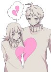  1boy 1girl ahoge alternate_costume bangs blush broken_heart chi_(hnnmemi) danganronpa_(series) danganronpa_2:_goodbye_despair eyebrows_visible_through_hair grey_background heart highres hinata_hajime long_sleeves nanami_chiaki no_hair_ornament pout short_hair simple_background sweatdrop sweater thought_bubble upper_body 