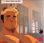  1boy animal_ears bara bear_ears black_hair blonde_hair chain_necklace cover_them_up_slut_(meme) dark-skinned_male dark_skin facial_hair goatee heterochromia ho_tdoug large_pectorals long_sideburns looking_at_viewer male_focus mature_male meme muscular muscular_male nipples nude orange_eyes pectoral_focus pectorals purple_eyes rico_osopina scar scar_across_eye scar_on_face scar_on_nose second-party_source short_hair sideburns solo stubble thick_eyebrows tiktok undercut upper_body virtual_youtuber 