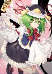  1girl :o asymmetrical_bangs bangs blush green_eyes green_hair hat hat_ribbon highres kyouda_suzuka long_sleeves looking_at_viewer open_mouth red_ribbon ribbon shiki_eiki solo touhou white_ribbon wide_sleeves 