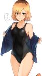  1girl amagami bare_shoulders black_swimsuit blonde_hair blue_jacket breasts brown_eyes check_commentary collarbone commentary_request competition_swimsuit cosplay covered_navel cowboy_shot embarrassed groin jacket leg_up long_sleeves looking_at_viewer medium_breasts miyamori_aoi nanasaki_ai nanasaki_ai_(cosplay) off_shoulder one-piece_swimsuit open_clothes open_jacket shirobako short_hair simple_background smile solo sweat swimsuit tahita1874 thighs thought_bubble undressing white_background 