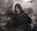 2boys absurdres bangs bird black_hair blood blood_on_face blurry blurry_background blurry_foreground boat carrying carrying_person cloak closed_eyes closed_mouth commentary commentary_request day death depth_of_field erwin_smith grey_eyes highres hood hood_up hooded_cloak levi_(shingeki_no_kyojin) light_brown_hair lips looking_down male_focus mixed-language_commentary multiple_boys nose ocean outdoors overcast parted_bangs sad scar scar_on_face shingeki_no_kyojin short_hair sunlight thisuserisalive water watercraft 