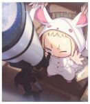  1girl :&lt; ;&lt; animal_costume animal_hood blonde_hair blue_eyes book border bunny bunny_costume bunny_hood chair child commentary_request forehead hand_up hood indoors kozato_(yu_kozato) light_particles little_blonde_girl_(kozato) one_eye_closed original shadow signature solo_focus sparkle standing tsukimi v-shaped_eyebrows white_border wooden_chair 