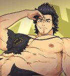  1boy abs bara bare_pectorals biceps black_capelet black_clover black_hair black_pants blush capelet facial_hair from_below goatee highres kir_(kir_keropi) large_pectorals long_sideburns looking_at_viewer male_focus male_pubic_hair mature_male muscular muscular_male navel navel_hair nipples nose_blush open_fly pants pectorals pubic_hair short_hair sideburns solo spiked_hair stomach thick_eyebrows yami_sukehiro 