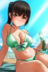  1girl absurdres beach bikini black_hair blue_sky bottle breasts brown_eyes cleavage cloud collarbone cowboy_shot day green_bikini halterneck highres large_breasts long_hair looking_at_viewer matsunaga_kouyou navel ocean original outdoors ramune sitting sky solo stomach string_bikini sunlight swimsuit wet yokozuwari 