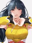  1girl armpits bangs black_hair breasts commentary_request detached_sleeves eyebrows_visible_through_hair eyelashes hands_up highres hizuki_akira long_hair looking_at_viewer official_alternate_costume own_hands_together parted_lips pokemon pokemon_(game) pokemon_masters_ex red_eyes sabrina_(pokemon) sash solo upper_body white_sash 