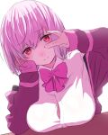  1girl bob_cut bow bowtie breast_rest breasts closed_mouth gridman_universe jacket large_breasts looking_at_viewer medium_hair onsoku_inu open_clothes open_jacket pink_bow pink_bowtie purple_hair purple_jacket red_eyes school_uniform shinjou_akane shirt simple_background smile solo ssss.gridman v_over_eye white_background white_shirt 