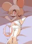  4_fingers anthro barefoot bedding bedding_background camel_toe clothing crepix feet female fingers genital_outline genitals hair kemono looking_at_viewer looking_back looking_back_at_viewer lying mammal mouse murid murine on_front outline panties pussy pussy_outline rodent shadow shirt solo tank_top topwear underwear whiskers white_body white_hair 