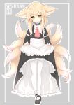  1girl absurdres animal_ear_fluff animal_ears apron apron_lift arknights black_dress black_footwear blonde_hair braid character_name clothes_lift dress dress_lift fox_ears fox_tail full_body green_eyes grey_background hair_rings highres lifted_by_self long_hair maid mary_janes multiple_tails pantyhose rano_u_rabe shoes simple_background solo suzuran_(arknights) tail twin_braids twintails white_apron white_legwear 