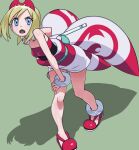  1girl arm_wrap blonde_hair blue_eyes hairband highres irida_(pokemon) jewelry knees neck_ring pokemon pokemon_(game) pokemon_legends:_arceus red_hairband red_shirt shirt short_hair shorts solo strapless strapless_shirt tsuichi waist_cape white_shorts 