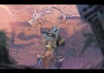  anzu_(01010611) blurry blurry_foreground character_print crack flying furry highres jewelry letterboxed looking_up lucario mew parted_lips pokemon pokemon_(creature) pokemon_(game) pokemon_unite red_eyes spikes 