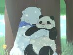  2013 anthro black_body black_fur black_nose blush detailed_background duo embrace fur giant_panda hug kemono kumao mammal outside panda-kun plant polar_bear shirokuma shirokuma_cafe sitting slightly_chubby tree unavailable_at_source ursid ursine white_body white_fur 