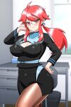  1girl bangs black_jacket breasts business_suit cleavage cleavage_cutout clothing_cutout formal glasses highres jacket lorelei_(pokemon) pantyhose pokemon pokemon_(game) pokemon_lgpe ponytail red_eyes red_hair sidelocks sleeves_past_wrists solo suit turtleneck yensh 
