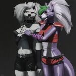  2022 absurd_res akkusky animatronic anthro belt bottomwear bracelet breast_grab breasts canid canid_demon canine canis clothing collar demon duo ear_piercing ear_ring female five_nights_at_freddy&#039;s five_nights_at_freddy&#039;s:_security_breach hair hand_on_breast hellhound helluva_boss hi_res jewelry long_hair loona_(helluva_boss) machine mammal piercing robot roxanne_wolf_(fnaf) scottgames shorts spiked_bracelet spiked_collar spikes video_games whiskers wolf 