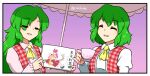 ascot bangs closed_eyes collared_shirt commentary_request cup dual_persona green_hair happy holding holding_cup kazami_yuuka kazami_yuuka_(pc-98) messy_hair mug open_clothes open_mouth open_vest plaid plaid_vest rakkidei red_vest shirt short_hair touhou touhou_(pc-98) umbrella vest white_shirt yellow_ascot 