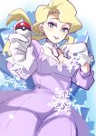  1girl blonde_hair blush breasts choker cleavage cleavage_cutout closed_mouth clothing_cutout commentary_request dress eyelashes eyeshadow glacia_(pokemon) gloves green_eyes holding holding_poke_ball long_hair makeup nozumu one-hour_drawing_challenge poke_ball poke_ball_(basic) pokemon pokemon_(game) pokemon_oras purple_dress sleeves_past_wrists smile snowflakes solo white_gloves 