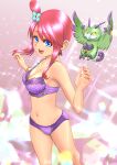  1girl :d absurdres bangs bare_arms bare_legs blue_eyes bra bracelet breasts cleavage collarbone eyebrows_visible_through_hair hadairo_rainbow hair_between_eyes highres jewelry medium_breasts navel panties pokemon pokemon_(game) pokemon_masters_ex purple_bra purple_panties red_hair shiny shiny_hair short_hair_with_long_locks sidelocks skyla_(pokemon) smile solo standing tornadus tornadus_(therian) underwear underwear_only 