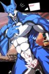  abs biceps blue_body blue_fur canid canine canis chair doggie_kruger domestic_dog featureless_crotch fur furniture hi_res inukamui looking_at_viewer male mammal muscular muscular_male nipples nude pecs power_rangers red_eyes solo super_sentai tokusou_sentai_dekaranger white_body white_fur 