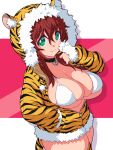  1girl :3 absurdres bikini black_choker breasts brown_hair chinese_zodiac choker closed_mouth green_eyes hair_between_eyes hand_in_pocket highres jacket large_breasts long_sleeves looking_at_viewer onsoku_inu original smile solo standing striped striped_jacket swimsuit white_bikini year_of_the_tiger 