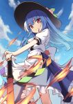  1girl blue_hair blue_skirt closed_mouth cloud day feet_out_of_frame flaming_sword flaming_weapon from_below hat highres hinanawi_tenshi kochi_michikaze long_hair looking_at_viewer outdoors peach_hat_ornament petticoat puffy_short_sleeves puffy_sleeves red_eyes shirt short_sleeves skirt smile smug solo sword_of_hisou touhou v-shaped_eyebrows white_shirt 