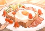  1girl absurdres bangs brown_hair closed_eyes commentary_request cup food food_art fork fried_egg highres in_food ladder lupinus4869 lying minigirl on_side original plate signature solo tako-san_wiener tomato twitter_username 