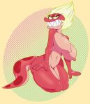  4_fingers amphibia_(series) amphibian anthro blonde_hair breasts disney eyelashes female fingers general_yunan hair hi_res kneeling long_tail looking_at_viewer navel newt nipples non-mammal_breasts nude pink_body salamander_(amphibian) sbshouseofpancakes sharp_teeth sitting smile solo teeth wide_hips 