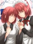  2girls apron black_dress black_kimono blue_bow blush bow closed_eyes closed_mouth commentary_request dated dress eyebrows_visible_through_hair fingernails hair_bow half_updo hand_on_own_chest heart highres hisui_(tsukihime) holding_hands japanese_clothes juliet_sleeves kimono kohaku_(tsukihime) long_sleeves maid maid_apron maid_headdress multiple_girls neck_ribbon puffy_sleeves red_hair red_ribbon ribbon short_hair siblings sisters smile tsukihime twins upper_body vent_vert_(kuuya) white_apron wide_sleeves 