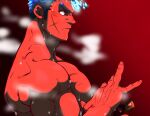  1boy bara biceps blue_eyes blue_fire blue_hair close-up contrast fire highres katana kizami_nori_to_yamaimo large_pectorals male_focus manly muscular muscular_male pectorals red_background scar scar_on_cheek scar_on_face serious solo steam sweat sweatdrop sword thick_arms thick_eyebrows toji_(housamo) tokyo_afterschool_summoners topless topless_male weapon 