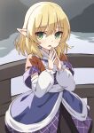  1girl arm_warmers bangs blonde_hair bridge eyebrows_visible_through_hair green_eyes highres kochi_michikaze looking_at_viewer mizuhashi_parsee multicolored_clothes open_mouth outdoors own_hands_together pointy_ears short_hair short_sleeves solo standing touhou 