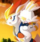 anthro backpack blush carrying cinderace duo father father_and_child father_and_son fur happy lagomorph male mammal nintendo okuyami_kitsune outside parent parent_and_child piggyback pok&eacute;mon pok&eacute;mon_(species) scorbunny son sunset video_games white_body white_fur young 