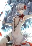  1girl armpits bangs bare_shoulders blue_eyes breasts cleavage closed_mouth dress flower gloves hair_flower hair_ornament long_hair looking_at_viewer mibry_(phrysm) petals red_flower red_rose rose sinoalice snow_white_(sinoalice) solo thighhighs white_dress white_gloves white_hair 