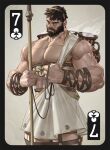  1boy bara beard biceps black_eyes black_hair card clover diadem facial_hair gauntlets harness jar large_pectorals looking_at_viewer male_focus manly mature_male muscular muscular_male nipples original pectorals robe solo staff steam tangbingla thick_arms thick_eyebrows thick_thighs thighs toga topless topless_male 
