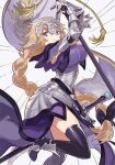 1girl ahoge armor armored_dress bangs black_legwear blonde_hair blue_eyes bow braid breasts commentary_request eyebrows_visible_through_hair fate/apocrypha fate/grand_order fate_(series) flag flagpole gauntlets hair_between_eyes hair_bow headpiece holding holding_weapon jeanne_d&#039;arc_(fate) jeanne_d&#039;arc_(fate/apocrypha) jumping kanyoko_(yuzukano_17) large_breasts long_braid long_hair looking_at_viewer partial_commentary polearm purple_bow purple_eyes single_braid smile solo sword thighhighs thighs very_long_hair weapon 