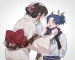  age_difference black_hair blush breasts couple eyeshadow female_saniwa_(touken_ranbu) hime_cut japanese_clothes kimono large_breasts makeup mature_female miko non-web_source onee-shota saniwa_(touken_ranbu) taikogane_sadamune touken_ranbu yukata 