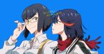  2girls bespectacled black_hair blue_background blue_eyes glasses hamaguri_(nirak1203) kill_la_kill kiryuuin_satsuki lensless_glasses long_hair matoi_ryuuko multicolored_hair multiple_girls scarf short_hair thick_eyebrows two-tone_hair 