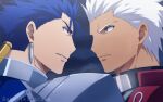  2boys akujiki59 archer_(fate) artist_name blue_hair cloak collared_shirt cu_chulainn_(fate) cu_chulainn_(fate/stay_night) dark-skinned_male dark_skin ear_piercing earrings fate/stay_night fate_(series) grey_eyes jewelry long_hair looking_at_another male_focus manly multiple_boys piercing ponytail red_cloak red_eyes serious shirt shoulder_pads spiked_hair twitter_username white_hair 