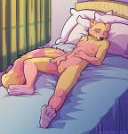  anthro bed black_nose breasts female fur furniture hi_res lying mammal nonbinary_(lore) nowandlater nude nullo on_back on_bed pillow pink_body pink_fur procyonid raccoon red_eyes saki_(saki) solo urethra 