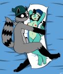  2022 3_toes accessory anthro beanie black_body black_eyes black_fur black_glans black_hair black_inner_ear black_nose black_pupils black_stripes blue_clothing blue_hat blue_headwear blush body_pillow breasts chameleon clothing dakimakura_design dakimakura_pillow erection facial_markings feet felino female freckles fur furgonomics genitals glans gloves_(marking) green_body green_clothing green_hat green_headwear green_scales green_spots grey_hair grey_penis hair hair_accessory hairband hat head_markings headgear headwear hi_res humanoid_genitalia humanoid_penis kimmy_(felino) leg_markings lizard looking_away lying male mammal markings mask_(marking) medium_breasts nipples nude on_side penis pillow pink_nipples ponytail procyonid pupils pussy raccoon reptile scales scalie sharp_teeth smile socks_(marking) solo spots spotted_body spotted_scales striped_markings striped_tail stripes tail_markings teeth toes trick_(tricktrashing) yellow_body yellow_eyes yellow_scales yellow_spots 