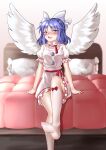  1girl absurdres ailu_elf angel_wings blue_eyes blue_hair blush bow bow_legwear commentary_request dress feathered_wings frilled_dress frilled_sleeves frills hair_bow highres kneehighs lying mai_(touhou) no_shoes on_back open_mouth puffy_short_sleeves puffy_sleeves red_ribbon red_sash ribbon sash short_sleeves sitting soles touhou touhou_(pc-98) white_dress white_legwear white_wings wings 