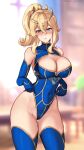  1girl absurdres adjusting_clothes artoria_pendragon_(fate) artoria_pendragon_(lancer)_(fate) artoria_pendragon_(lancer)_(fate)_(cosplay) blonde_hair blue_eyes blue_gloves blue_legwear blush breasts cleavage cosplay covered_navel crown elbow_gloves fate/grand_order fate_(series) genshin_impact gloves highres hioyami jean_(genshin_impact) large_breasts long_hair looking_at_viewer thick_thighs thighhighs thighs 
