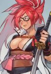  1girl amputee baiken big_hair breasts cleavage eyepatch facial_tattoo guilty_gear guilty_gear_strive highres holding holding_weapon japanese_clothes katana kimono large_breasts long_hair one-eyed open_clothes open_kimono pink_hair ponytail samurai sash scar scar_across_eye scar_on_face solo sword tattoo uncle_rabbit_ii upper_body weapon 